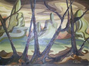 Elisabeth Hopkins oil painting titled Rocks and trees 24 x 18 inches oil on masonite board