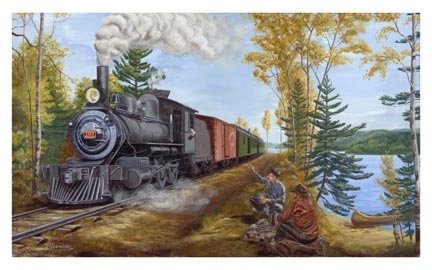 limited edition print available on either canvas or paper, depicting the historic train "The Port Arthur Duluth Railway running between Fort William, Ontario (now Thunder Bay) and Gunfllint Lodge, Minnesota, which was planned to continue to Duluth, Minnesota.