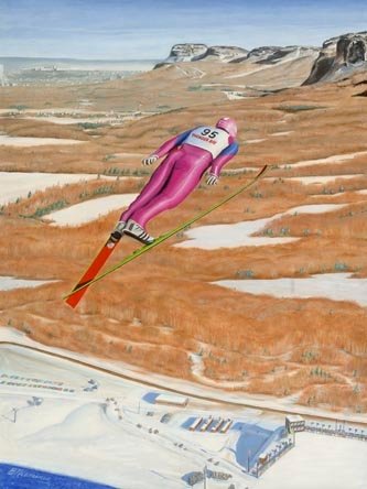 "Sultan of the Sky" limited edition print depicting a world class Olympic & World Cup ski jumper sailing through the air during the air at the World Nordic Ski Championship at Big Thunder, Thunder Bay, Ontario, with the panoramic view of the Norwester Range, Thunder Bay and Lake Superior in the background.