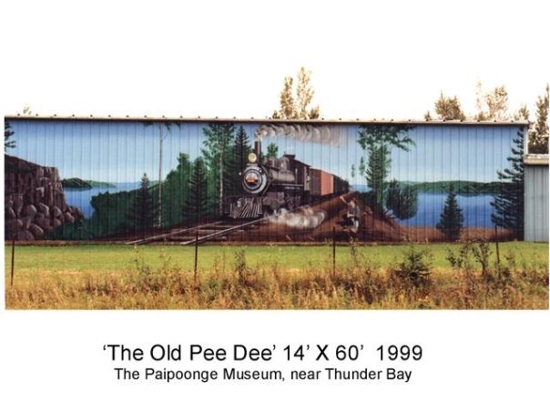 Mural of "The Greeting - The Old Pee Dee" on the side of the former Paipoonge Museum, just outside of Thunder Bay.