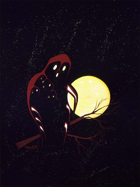 limited edition print by Mike Peters of a mother owl with her young ones protected under her wing, with a glowing moon, stars and the black sky in the background.